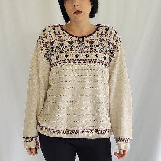 90s Cream and Burgundy Cotton Sweater with Hearts