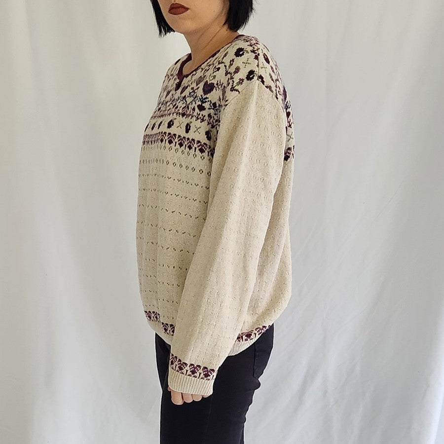 90s Cream and Burgundy Cotton Sweater with Hearts