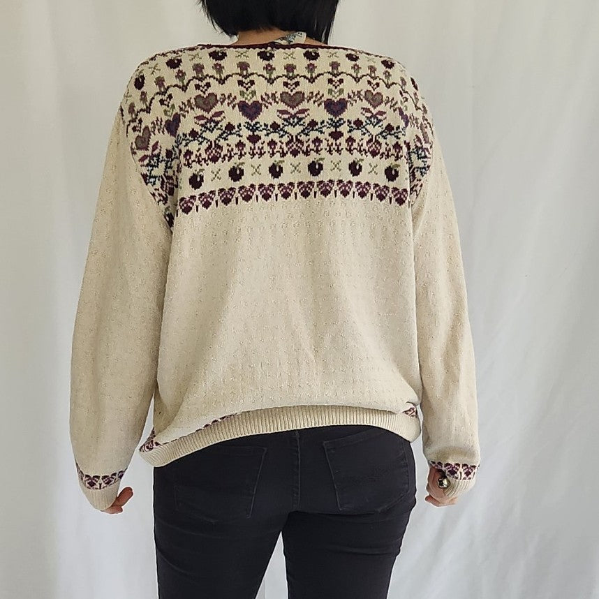90s Cream and Burgundy Cotton Sweater with Hearts