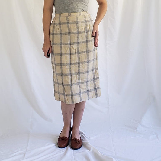 60s Cream and Gray Plaid Wool Pencil Skirt