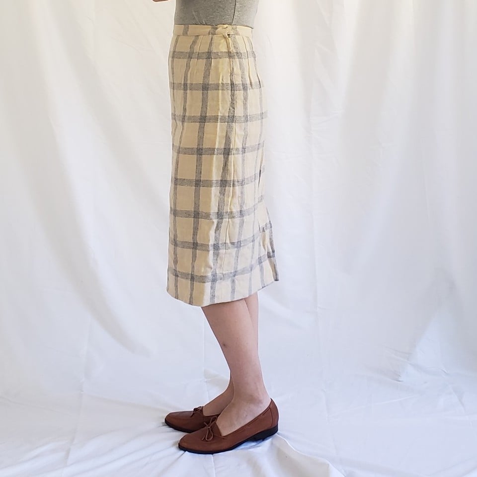 60s Cream and Gray Plaid Wool Pencil Skirt