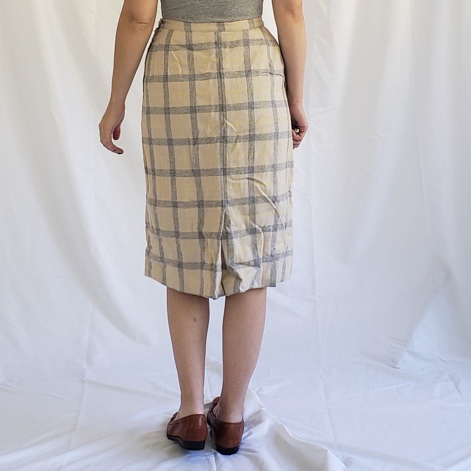 60s Cream and Gray Plaid Wool Pencil Skirt