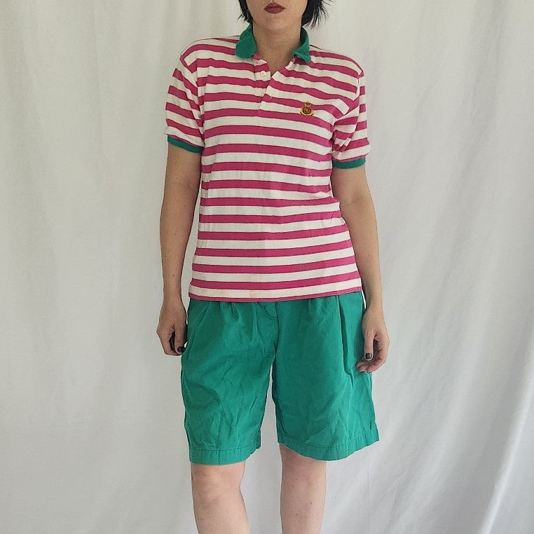 90s Pink and Green Preppy Shorts and Polo Set