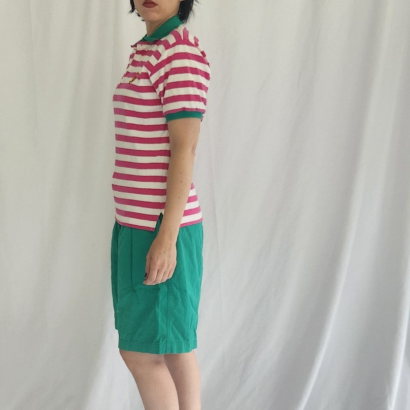 90s Pink and Green Preppy Shorts and Polo Set