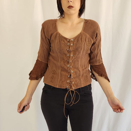 90s/Y2K Boho Lace Up Rayon Top