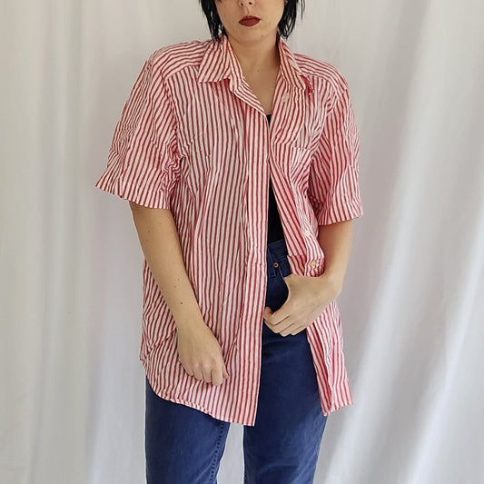 90s Pink and White Striped 100% Cotton Short Sleeve Button Down