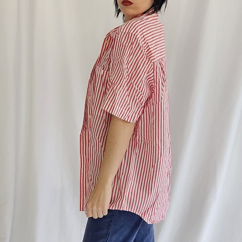 90s Pink and White Striped 100% Cotton Short Sleeve Button Down