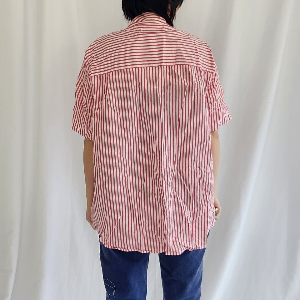 90s Pink and White Striped 100% Cotton Short Sleeve Button Down