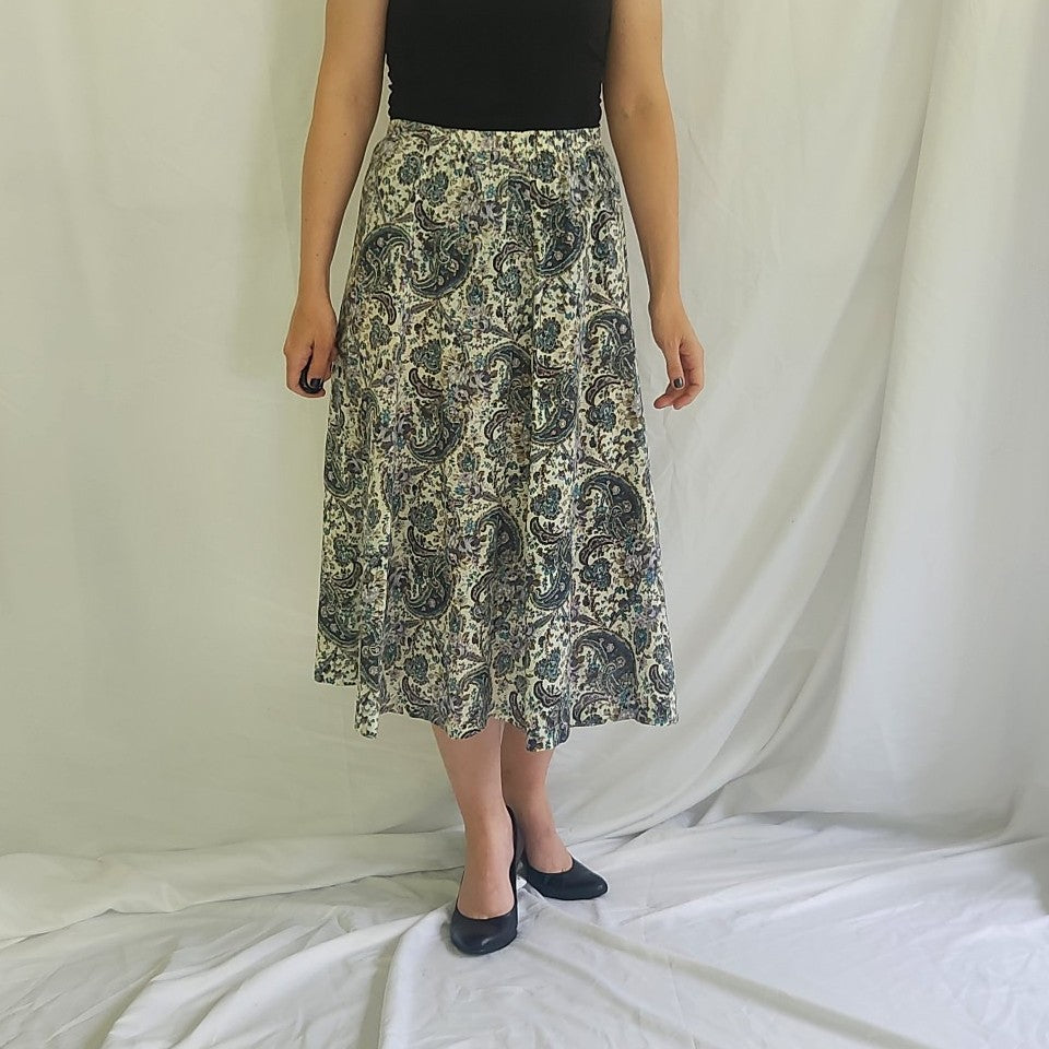 90s White and Purple Paisley Midi Skirt