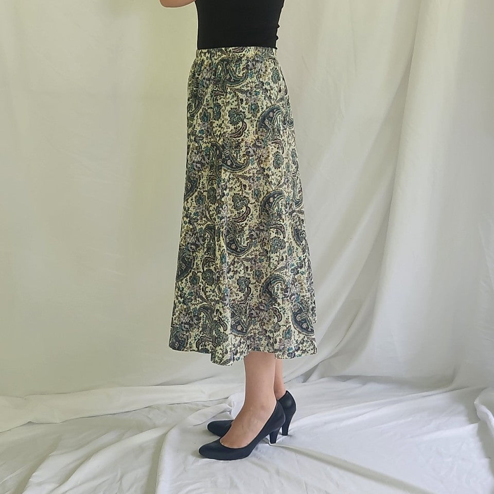 90s White and Purple Paisley Midi Skirt