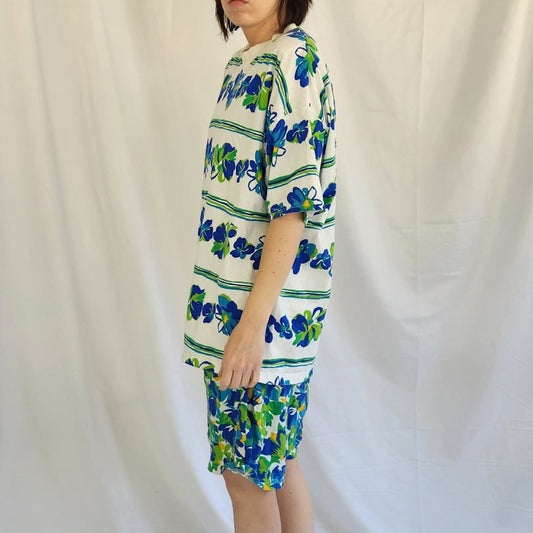 90s Blue Floral Tee and Shorts Set