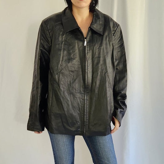 00s Black Leather Zip Up Jacket