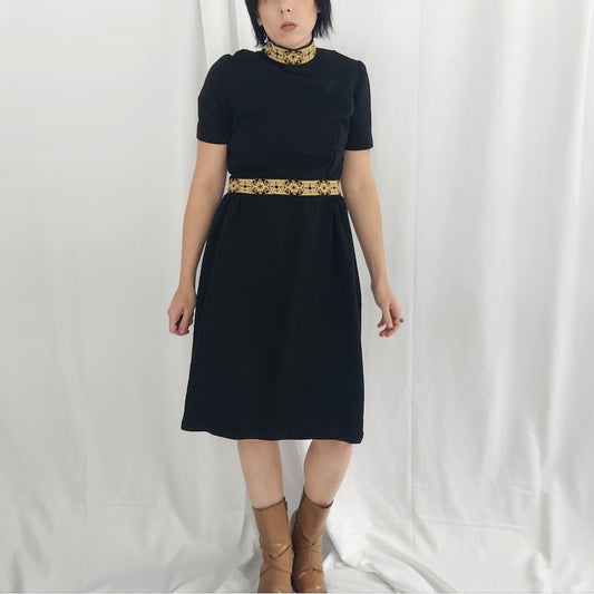 70s Black Ribbed Polyester Day Dress