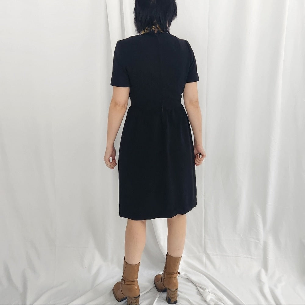 70s Black Ribbed Polyester Day Dress