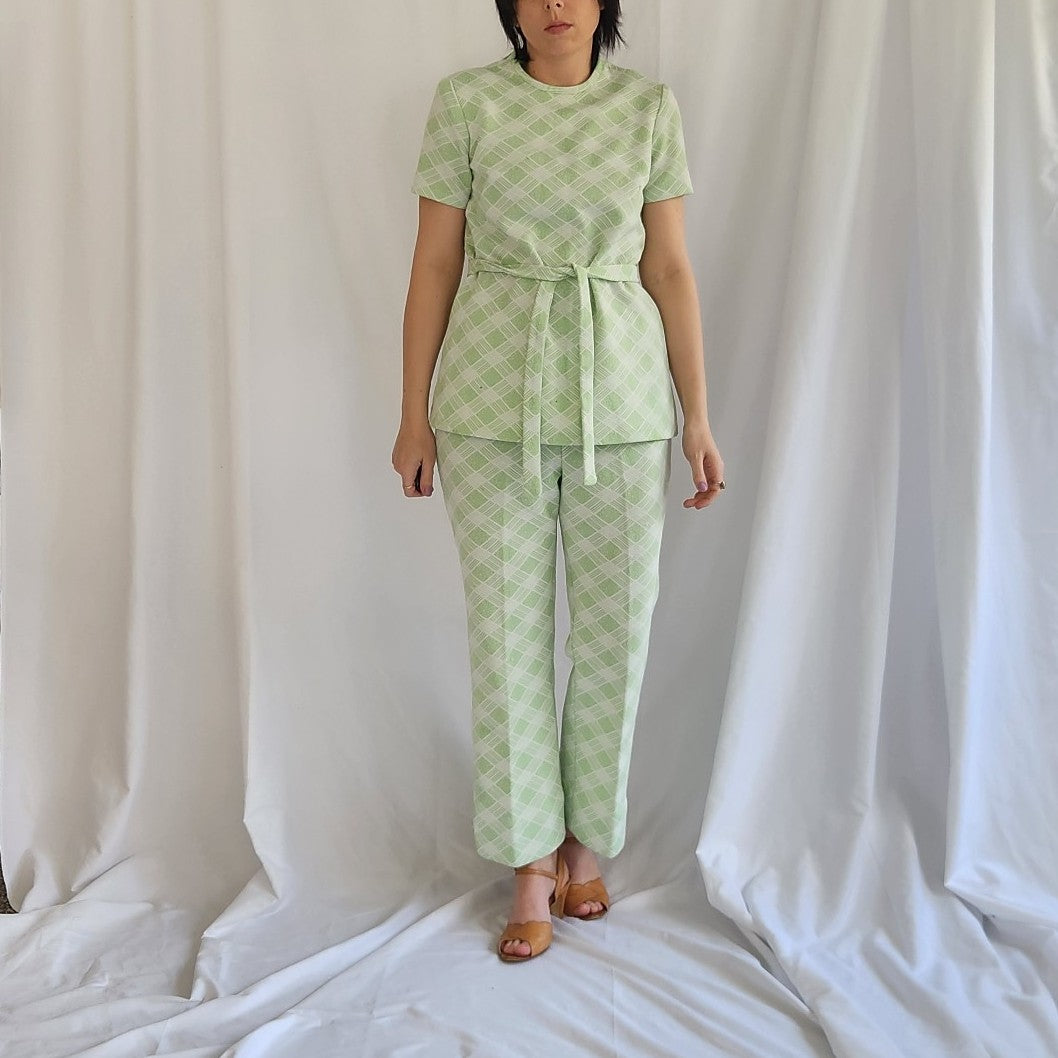 70s Green and White Plaid Leisure Set