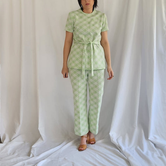 70s Green and White Plaid Leisure Set