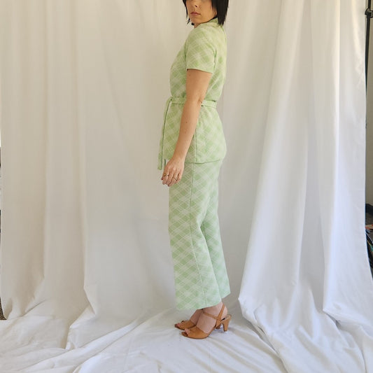 70s Green and White Plaid Leisure Set