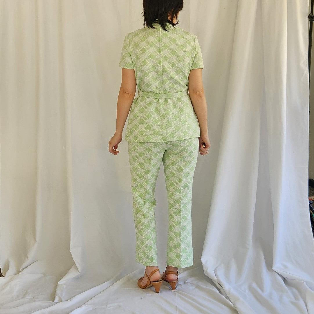 70s Green and White Plaid Leisure Set