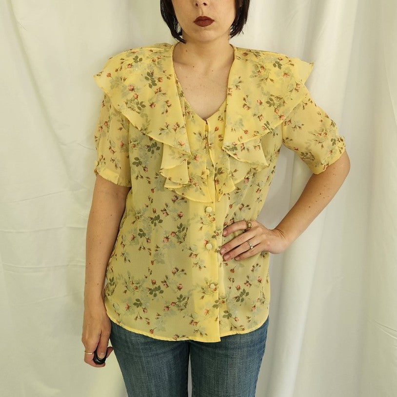 90s Sheer Yellow Floral Blouse