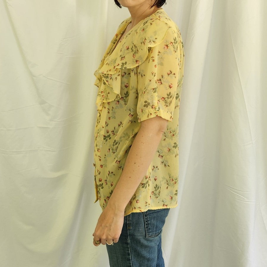 90s Sheer Yellow Floral Blouse