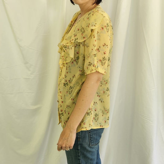 90s Sheer Yellow Floral Blouse