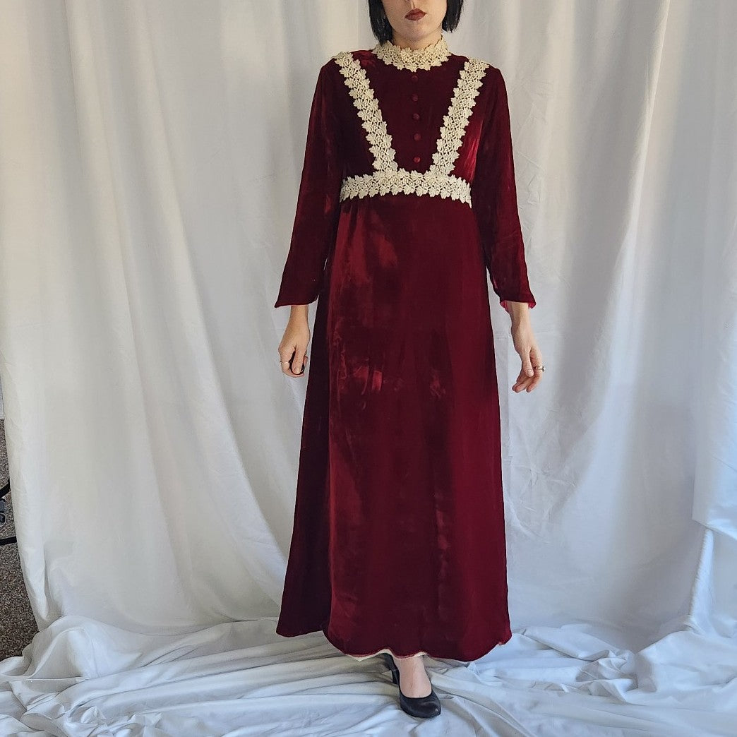 70s Burgundy Velvet Edwardian Inspired Dress