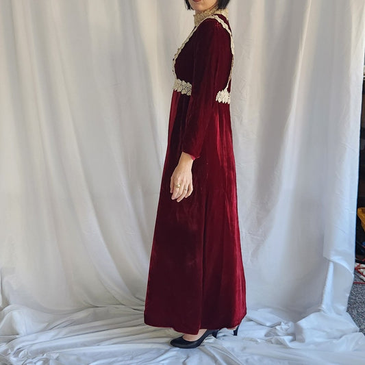 70s Burgundy Velvet Edwardian Inspired Dress