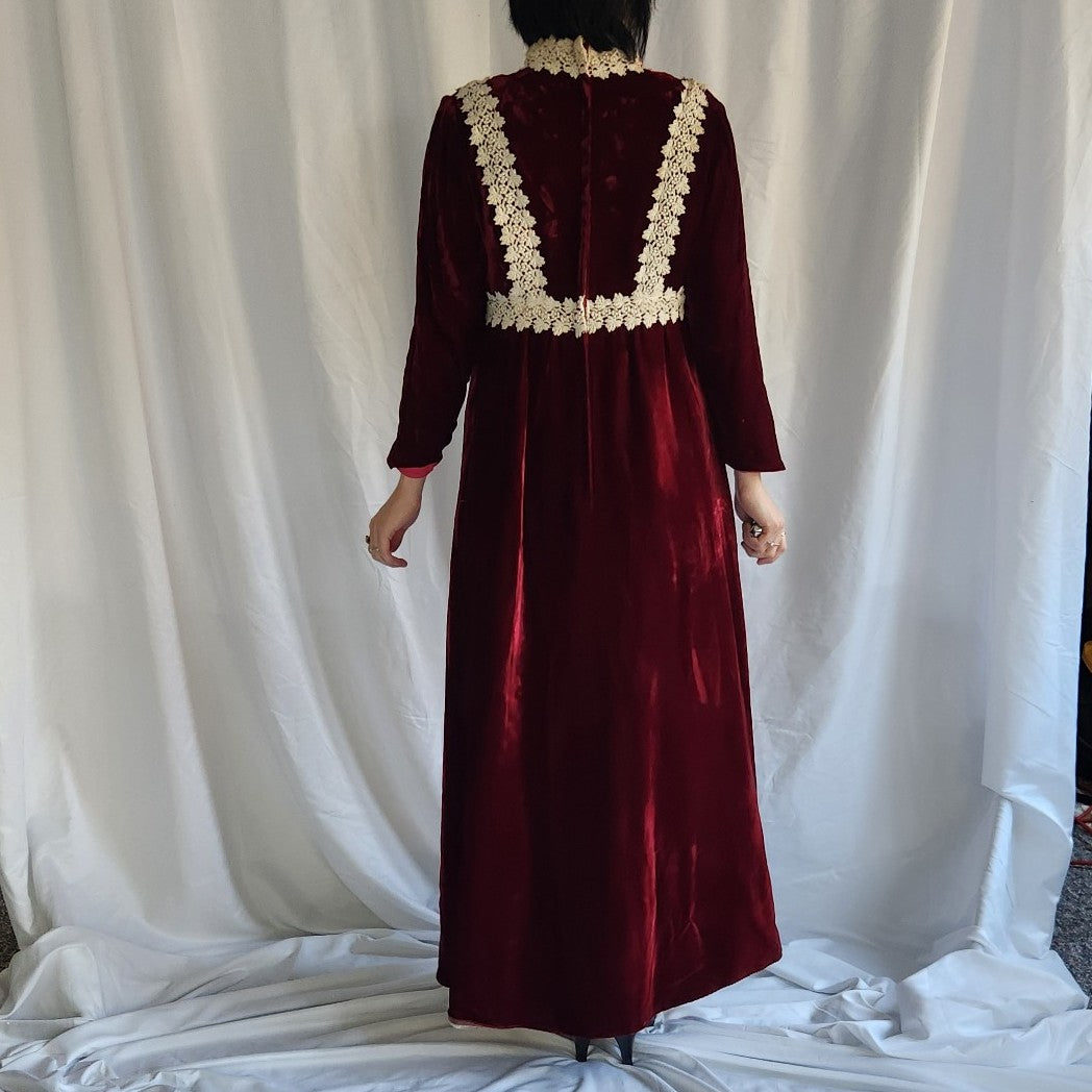 70s Burgundy Velvet Edwardian Inspired Dress