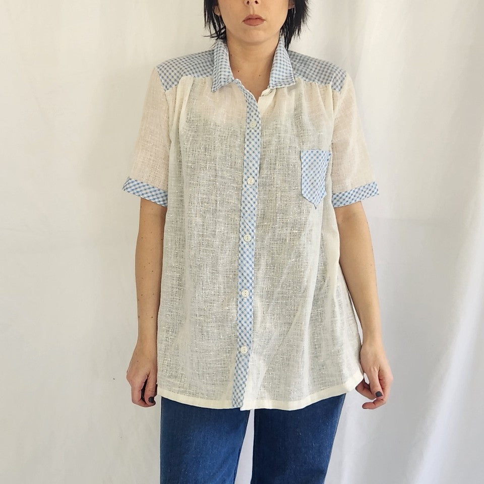 70s White and Blue Button Down Shirt with Gingham Accents