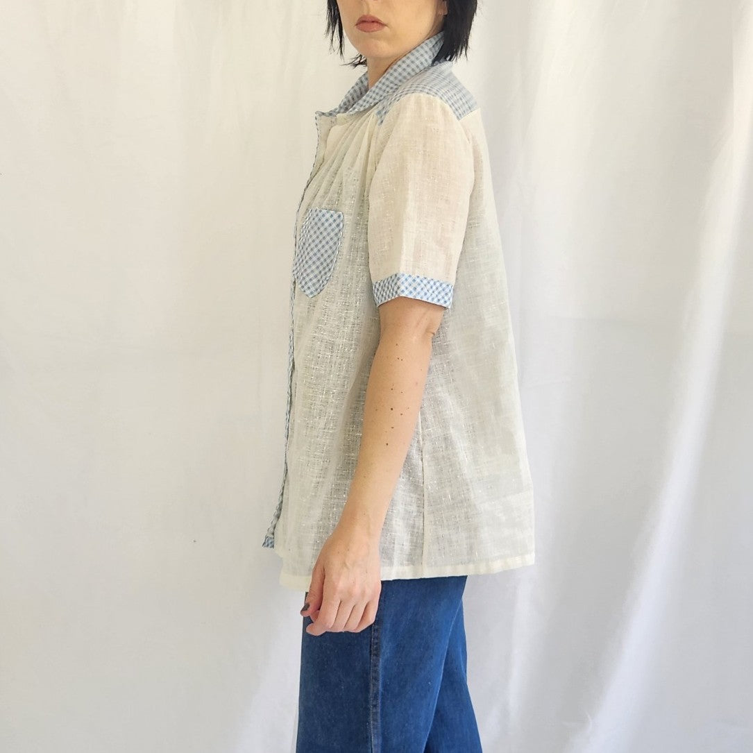 70s White and Blue Button Down Shirt with Gingham Accents