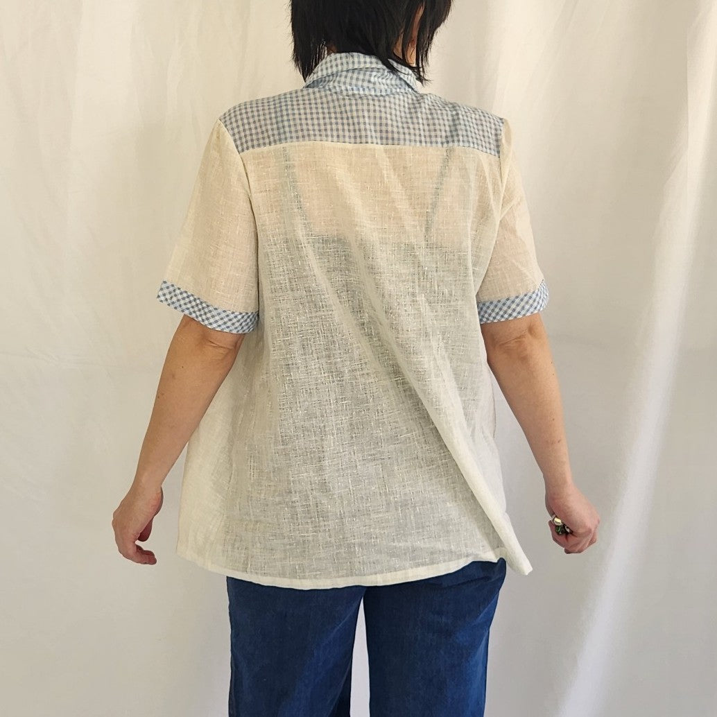 70s White and Blue Button Down Shirt with Gingham Accents
