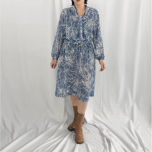 70s Blue And White Sheer Day Dress