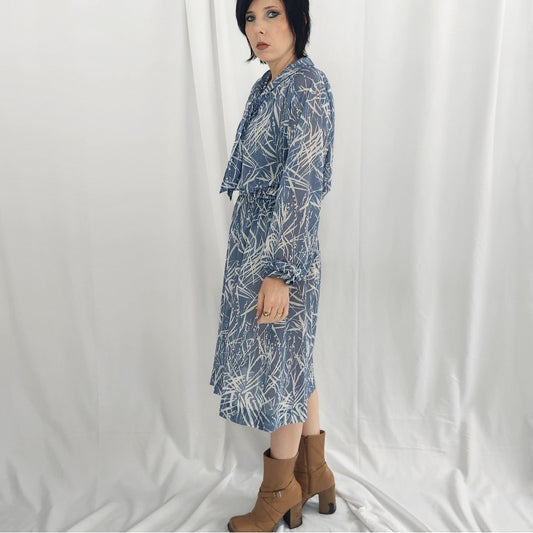 70s Blue And White Sheer Day Dress