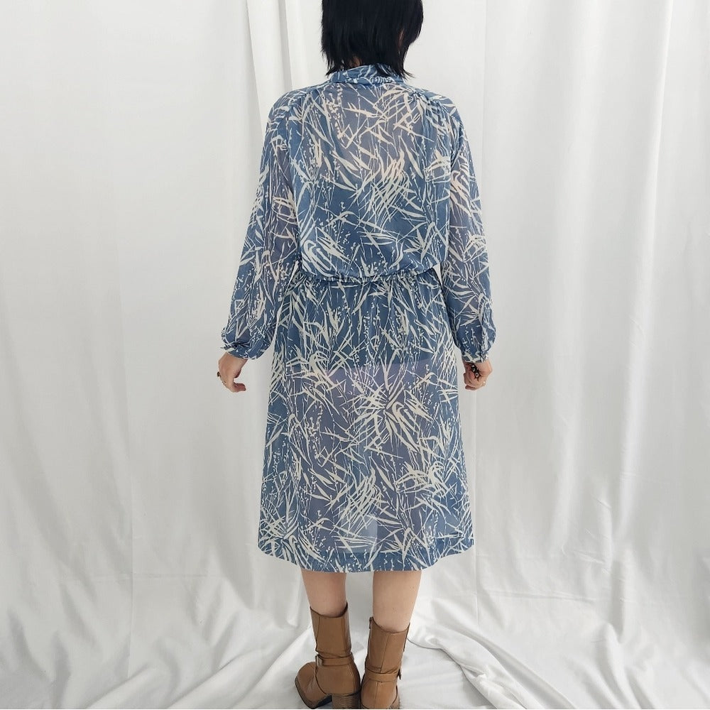 70s Blue And White Sheer Day Dress