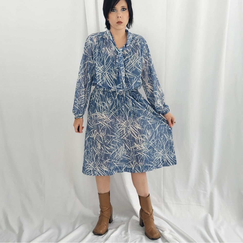 70s Blue And White Sheer Day Dress