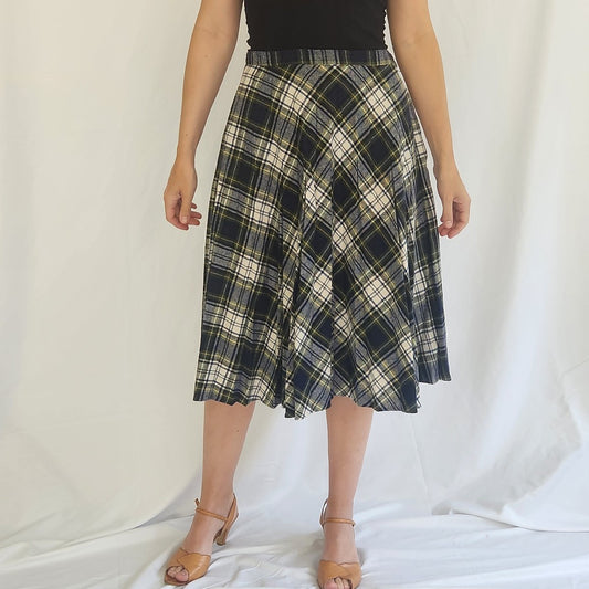 70s Blue Plaid Midi Skirt