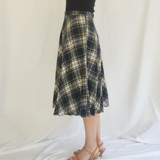 70s Blue Plaid Midi Skirt