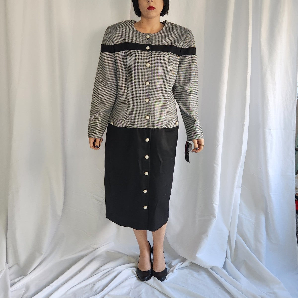 80s Deadstock Black and White Plaid Button Down Dress