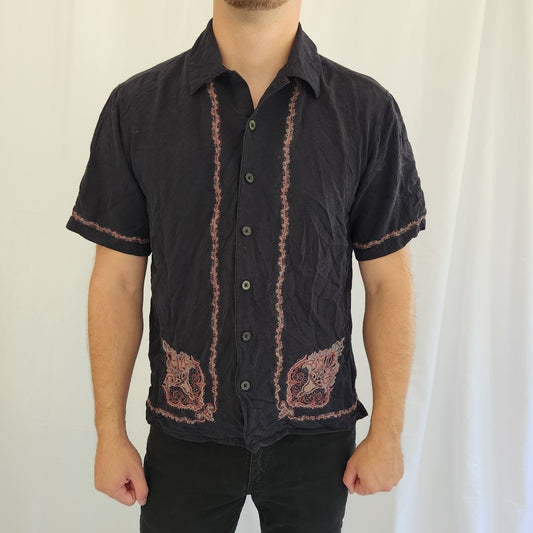 90s/Y2K Black and Maroon Silk Button Down Shirt