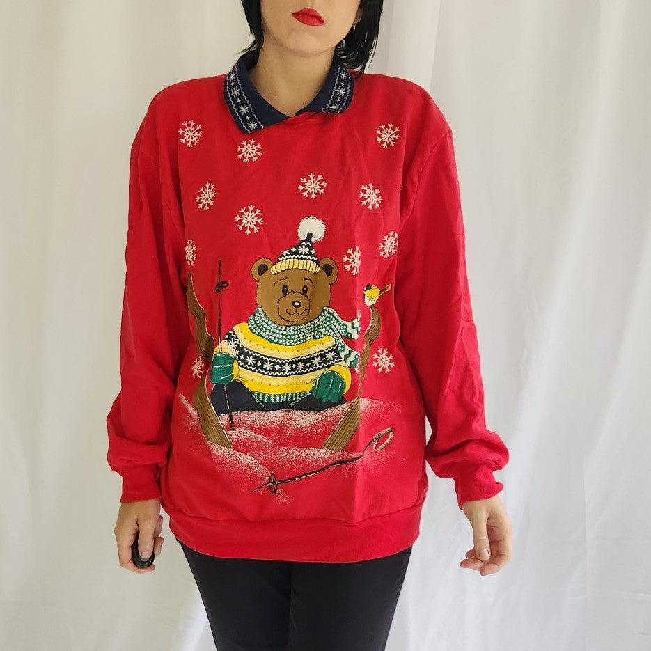 90s Skiing Bear Collared Sweatshirt