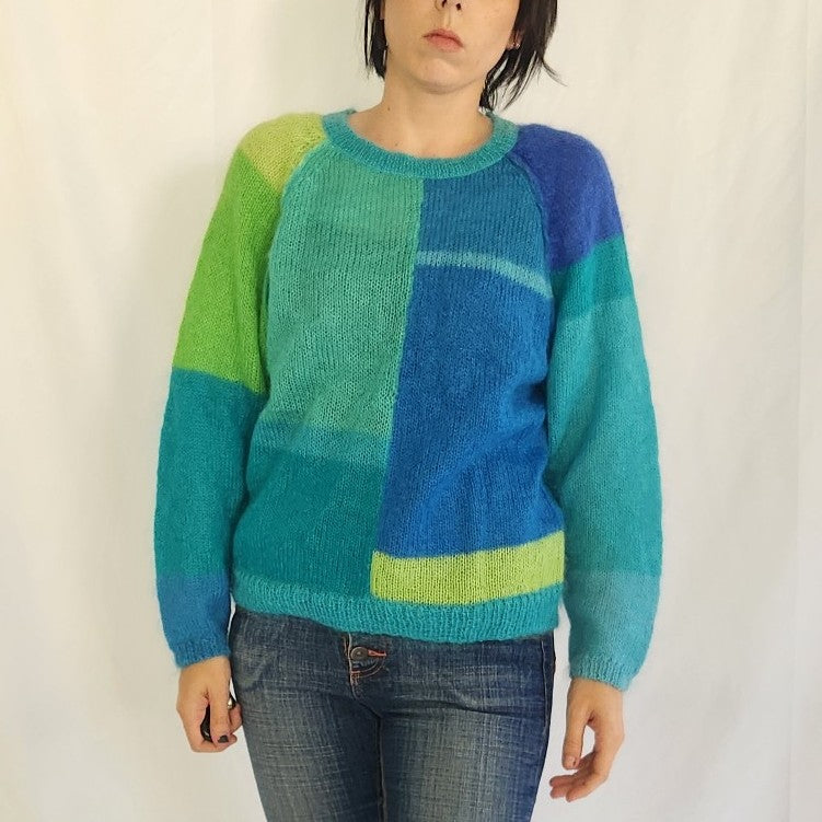 Y2K Blue and Green Colorblock Mohair Sweater