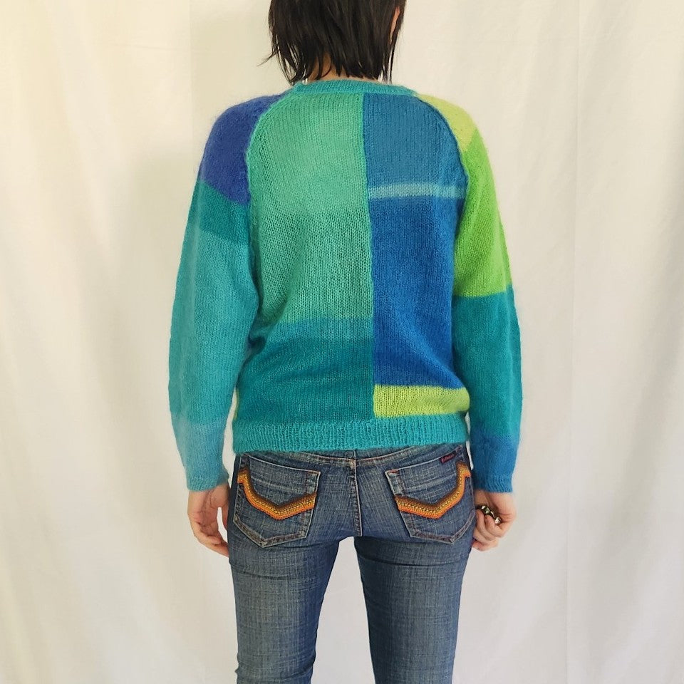 Y2K Blue and Green Colorblock Mohair Sweater
