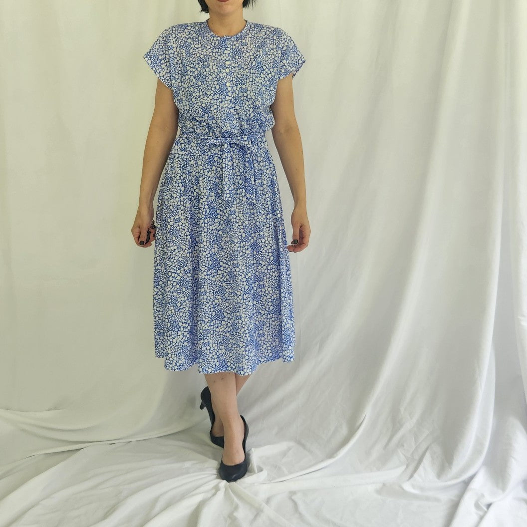 90s Blue and White Floral Print Midi Dress