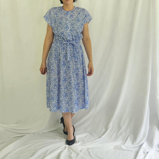 90s Blue and White Floral Print Midi Dress