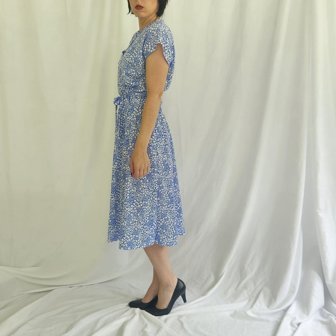 90s Blue and White Floral Print Midi Dress
