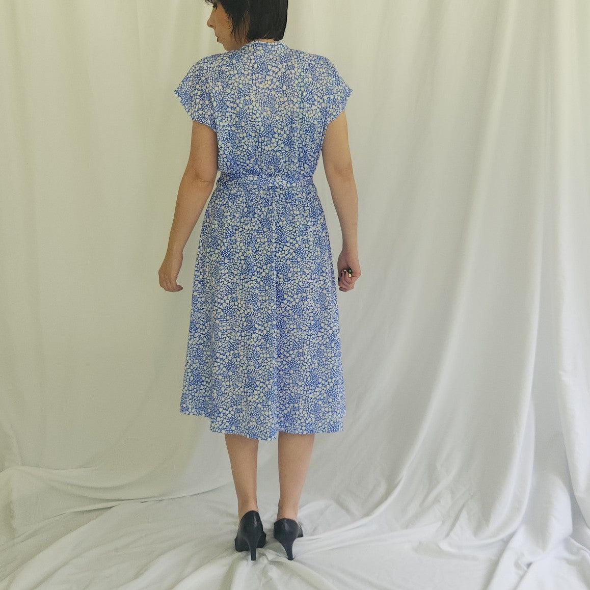 90s Blue and White Floral Print Midi Dress