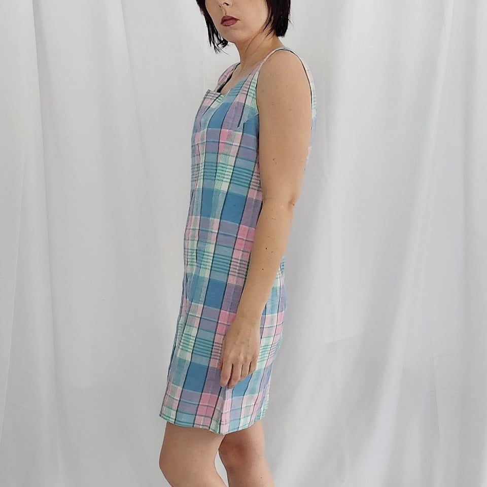 90s/Y2K Pink, Blue, and Green Plaid Dress