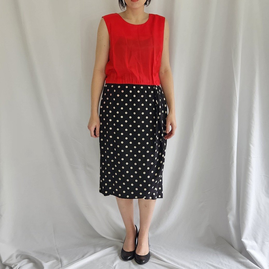 80s Red, Black, and White Silk Blend Polka Dot Dress