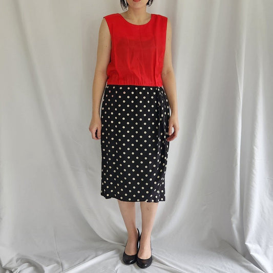80s Red, Black, and White Silk Blend Polka Dot Dress