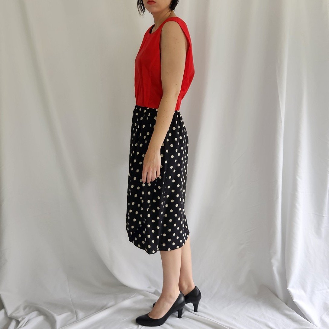 80s Red, Black, and White Silk Blend Polka Dot Dress